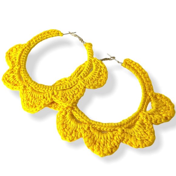 Handmade Jewelry - New Handmade Crochet Hoop Earrings, Bright Sunny Yellow, 3”, Scalloped Threaded